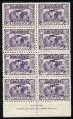 Australia 1931 Kingsford Smith's Flights 6d violet John Ash imprint block of 8, one stamp with major re-entry to letters FO and LD unmounted mint SG 123/a, stamps on , stamps on  stamps on , stamps on  stamps on  kg5 , stamps on  stamps on aviation, stamps on  stamps on globes