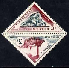 Monaco 1953 Postage Due 3f Triangular Early & Modern Steam Locos se-tenant pair unmounted mint triangular, SG D482a, stamps on , stamps on  stamps on triangulars, stamps on  stamps on railways, stamps on  stamps on postage due