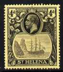 St Helena 1922-37 KG5 Badge MCA 4d single with variety 11th line of shading broken to right of mizzen mast and rope broken at top of mizzen peak (stamp 32) mtd mint SG 92..., stamps on , stamps on  kg5 , stamps on ships, stamps on 