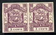 North Borneo 1888 Arms 3c violet horiz imperf pair unmounted mint SG 39b now believed to be a forgery (possibly by Fournier) and re-priced accordingly, stamps on , stamps on  stamps on arms, stamps on  stamps on heraldry