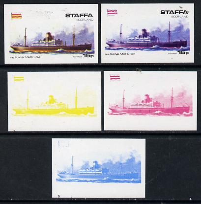 Staffa 1974 Steam Liners 15p (SS Suwa Maru 1914) set of 5 imperf progressive colour proofs comprising 3 individual colours (red, blue & yellow) plus 3 and all 4-colour co..., stamps on ships