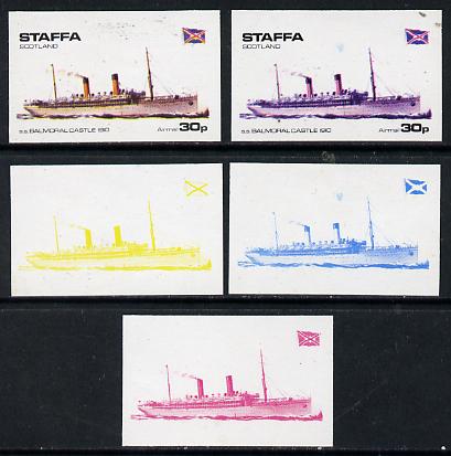 Staffa 1974 Steam Liners 30p (SS Balmoral Castle 1910) set of 5 imperf progressive colour proofs comprising 3 individual colours (red, blue & yellow) plus 3 and all 4-colour composites unmounted mint, stamps on ships, stamps on castles