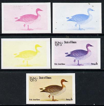 Oman 1973 Geese 5b (Pink-Footed Goose) set of 5 imperf progressive colour proofs comprising 3 individual colours (red, blue & yellow) plus 3 and all 4-colour composites unmounted mint, stamps on birds