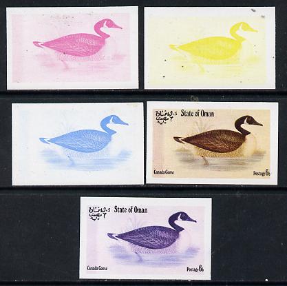 Oman 1973 Geese 6b (Canada Goose) set of 5 imperf progressive colour proofs comprising 3 individual colours (red, blue & yellow) plus 3 and all 4-colour composites unmounted mint, stamps on birds