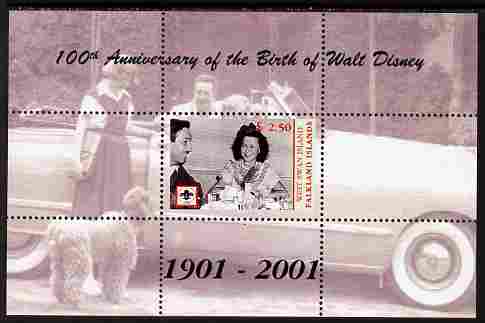 West Swan Island (Falkland Islands) 2001 Birth Centenary of Walt Disney perf s/sheet (with Shirley Temple & Scout Logo) unmounted mint. Note this item is privately produced and is offered purely on its thematic appeal, it has no postal validity, stamps on , stamps on  stamps on personalities, stamps on  stamps on films, stamps on  stamps on entertainments, stamps on  stamps on disney, stamps on  stamps on movies, stamps on  stamps on cinema, stamps on  stamps on scouts