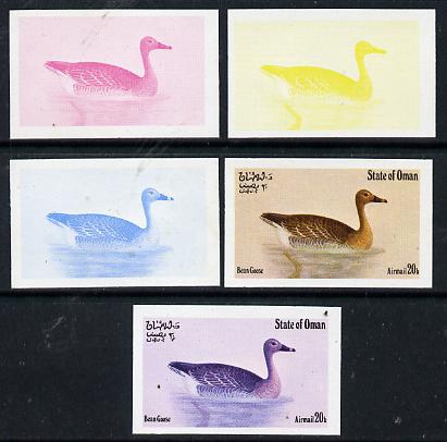 Oman 1973 Geese 20b (Bean Goose) set of 5 imperf progressive colour proofs comprising 3 individual colours (red, blue & yellow) plus 3 and all 4-colour composites unmount..., stamps on birds