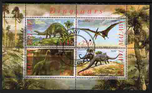 Malawi 2010 Dinosaurs #06 perf sheetlet containing 4 values fine cto used, stamps on dinosaurs