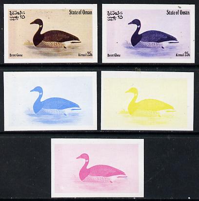 Oman 1973 Geese 25b (Brent Goose) set of 5 imperf progressive colour proofs comprising 3 individual colours (red, blue & yellow) plus 3 and all 4-colour composites unmoun..., stamps on birds