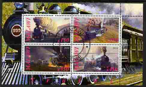 Malawi 2010 Steam Locomotives #02 perf sheetlet containing 4 values fine cto used, stamps on railways