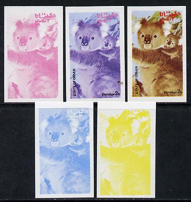 Oman 1974 Zoo Animals 2b (Koala Bears) set of 5 imperf progressive colour proofs comprising 3 individual colours (red, blue & yellow) plus 3 and all 4-colour composites unmounted mint, stamps on , stamps on  stamps on animals     bears    zoo, stamps on  stamps on  zoo , stamps on  stamps on zoos, stamps on  stamps on 