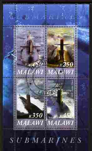 Malawi 2010 Submarines #02 perf sheetlet containing 4 values fine cto used, stamps on ships, stamps on submarines