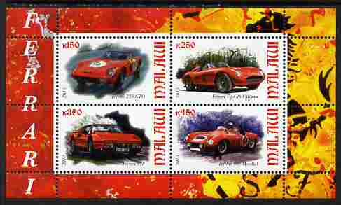 Malawi 2010 Sports Cars - Ferrari perf sheetlet containing 4 values unmounted mint, stamps on , stamps on  stamps on cars, stamps on  stamps on ferrari