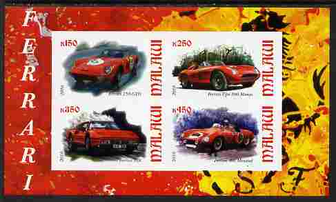 Malawi 2010 Sports Cars - Ferrari imperf sheetlet containing 4 values unmounted mint, stamps on cars, stamps on ferrari