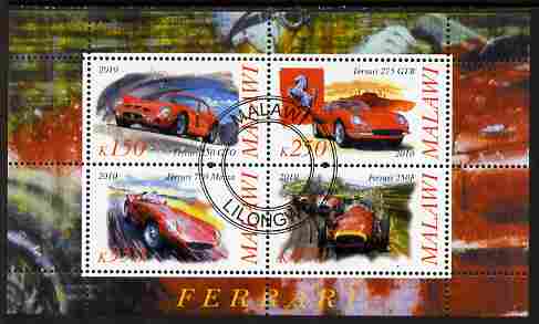 Malawi 2010 Cars #01 - Ferrari perf sheetlet containing 4 values fine cto used, stamps on cars, stamps on ferrari
