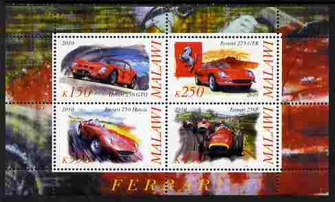 Malawi 2010 Cars #01 - Ferrari perf sheetlet containing 4 values unmounted mint, stamps on , stamps on  stamps on cars, stamps on  stamps on ferrari