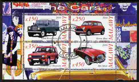 Malawi 2010 Cars #03 - Land Rover, Morris Mini & MG perf sheetlet containing 4 values fine cto used, stamps on , stamps on  stamps on cars, stamps on  stamps on land rover, stamps on  stamps on  mg , stamps on  stamps on morris, stamps on  stamps on mini