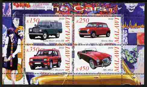 Malawi 2010 Cars #03 - Land Rover, Morris Mini & MG perf sheetlet containing 4 values unmounted mint, stamps on , stamps on  stamps on cars, stamps on  stamps on land rover, stamps on  stamps on  mg , stamps on  stamps on morris, stamps on  stamps on mini