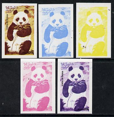 Oman 1974 Zoo Animals 20b (Panda) set of 5 imperf progressive colour proofs comprising 3 individual colours (red, blue & yellow) plus 3 and all 4-colour composites unmounted mint, stamps on animals           bears    zoo, stamps on  zoo , stamps on zoos, stamps on 