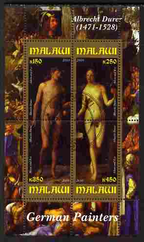 Malawi 2010 Art - German Painters - Durer perf sheetlet containing 4 values fine cto used, stamps on arts, stamps on nudes, stamps on durer