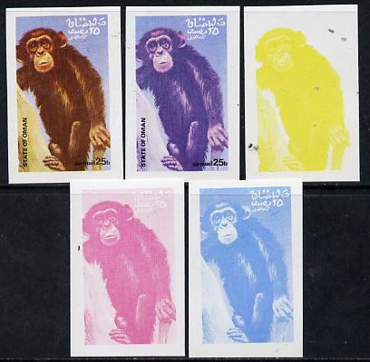 Oman 1974 Zoo Animals 25b (Chimp) set of 5 imperf progressive colour proofs comprising 3 individual colours (red, blue & yellow) plus 3 and all 4-colour composites unmounted mint, stamps on , stamps on  stamps on animals      apes    zoo, stamps on  stamps on  zoo , stamps on  stamps on zoos, stamps on  stamps on 