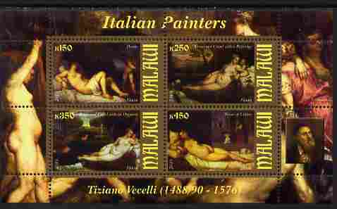 Malawi 2010 Art - Italian Painters - Tiziano Vecelli perf sheetlet containing 4 values unmounted mint, stamps on arts, stamps on nudes, stamps on vecelli