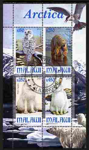 Malawi 2010 Arctic perf sheetlet containing 4 values fine cto used, stamps on polar, stamps on owls, stamps on birds of prey, stamps on bears, stamps on wolves, stamps on birds