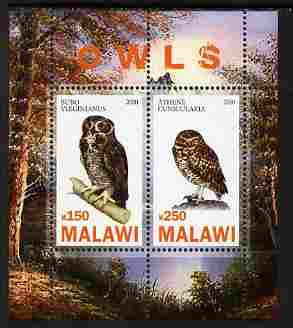 Malawi 2010 Owls perf sheetlet containing 2 values unmounted mint, stamps on owls, stamps on birds of prey, stamps on birds