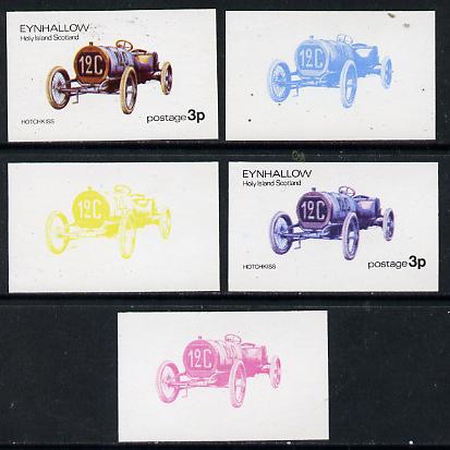 Eynhallow 1974 Vintage Cars #1 3p (Hotchkiss) set of 5 imperf progressive colour proofs comprising 3 individual colours (red, blue & yellow) plus 3 and all 4-colour composites unmounted mint, stamps on , stamps on  stamps on cars, stamps on hotchkiss, stamps on 