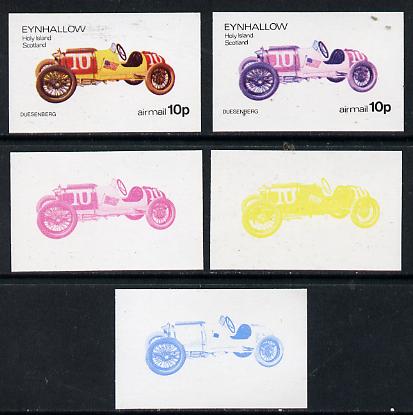 Eynhallow 1974 Vintage Cars #1 10p (Duesenberg) set of 5 imperf progressive colour proofs comprising 3 individual colours (red, blue & yellow) plus 3 and all 4-colour composites unmounted mint, stamps on , stamps on  stamps on cars, stamps on duesenberg