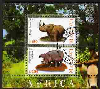 Malawi 2010 African Animals - Rhino & Hippo perf sheetlet containing 2 values fine cto used, stamps on animals, stamps on rhinos, stamps on hippos