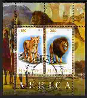 Malawi 2010 African Animals - Lion & Panther perf sheetlet containing 2 values fine cto used, stamps on , stamps on  stamps on animals, stamps on  stamps on lions, stamps on  stamps on cats