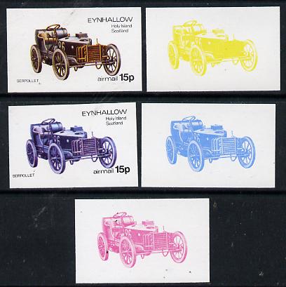 Eynhallow 1974 Vintage Cars #1 15p (Serpollet) set of 5 imperf progressive colour proofs comprising 3 individual colours (red, blue & yellow) plus 3 and all 4-colour composites unmounted mint, stamps on , stamps on  stamps on cars, stamps on serpollet