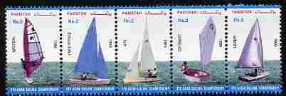 Pakistan 1999 9th Asian Sailing Championships strip of 5 unmounted mint SG 1082-6, stamps on yachting, stamps on sailing, stamps on ships