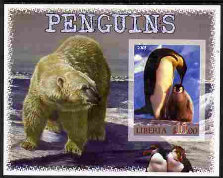 Liberia 2005 Penguins #02 imperf m/sheet with Polar Bear in background unmounted mint, stamps on penguins, stamps on polar, stamps on birds, stamps on bears