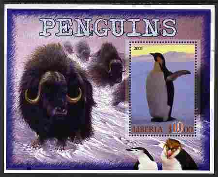 Liberia 2005 Penguins #01 perf m/sheet with Buffalo in background unmounted mint, stamps on , stamps on  stamps on penguins, stamps on  stamps on polar, stamps on  stamps on birds, stamps on  stamps on bovine