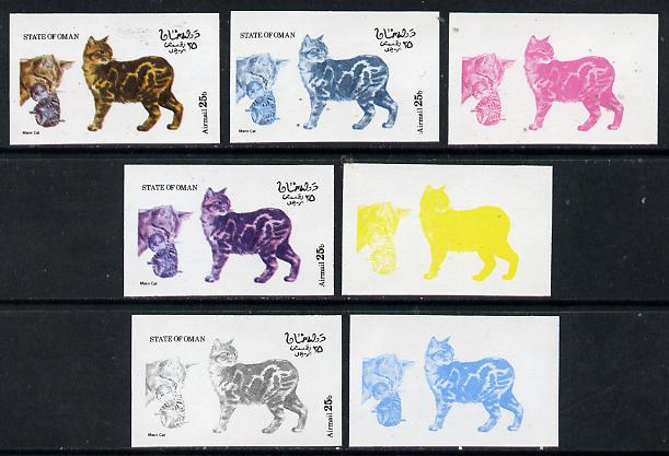 Oman 1974 Cats 25b (Manx Cat) set of 7 imperf progressive colour proofs comprising the 4 individual colours plus 2, 3 and all 4-colour composites unmounted mint, stamps on animals   cats