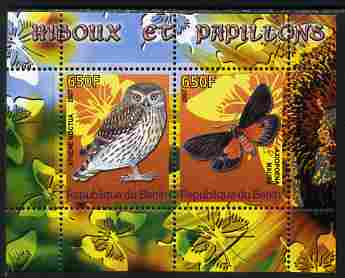 Benin 2007 Butterflies & Owls #1 perf s/sheet containing 2 values unmounted mint. Note this item is privately produced and is offered purely on its thematic appeal, stamps on , stamps on  stamps on butterflies, stamps on  stamps on birds, stamps on  stamps on birds of prey, stamps on  stamps on owls