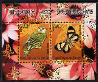 Benin 2007 Butterflies & Owls #2 perf s/sheet containing 2 values unmounted mint. Note this item is privately produced and is offered purely on its thematic appeal, stamps on , stamps on  stamps on butterflies, stamps on  stamps on birds, stamps on  stamps on birds of prey, stamps on  stamps on owls