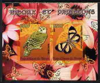 Benin 2007 Butterflies & Owls #2 imperf s/sheet containing 2 values unmounted mint. Note this item is privately produced and is offered purely on its thematic appeal, stamps on , stamps on  stamps on butterflies, stamps on  stamps on birds, stamps on  stamps on birds of prey, stamps on  stamps on owls