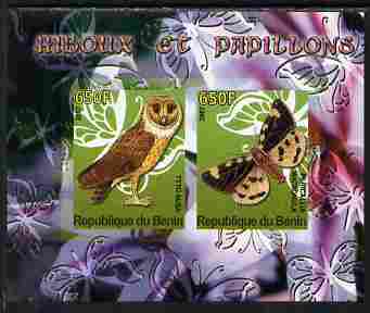 Benin 2007 Butterflies & Owls #3 imperf s/sheet containing 2 values unmounted mint. Note this item is privately produced and is offered purely on its thematic appeal, stamps on , stamps on  stamps on butterflies, stamps on  stamps on birds, stamps on  stamps on birds of prey, stamps on  stamps on owls