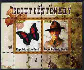 Benin 2007 Scout Centenary & Butterflies #1 perf s/sheet containing 2 values unmounted mint. Note this item is privately produced and is offered purely on its thematic ap..., stamps on butterflies, stamps on scouts