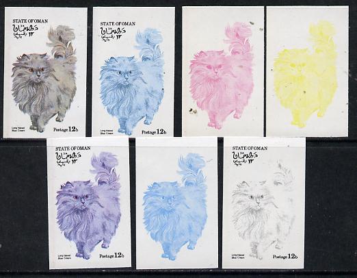 Oman 1974 Cats 12b (Long Haired Blue Cream) set of 7 imperf progressive colour proofs comprising the 4 individual colours plus 2, 3 and all 4-colour composites unmounted ..., stamps on animals   cats