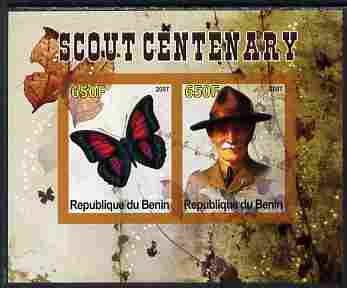 Benin 2007 Scout Centenary & Butterflies #1 imperf s/sheet containing 2 values unmounted mint. Note this item is privately produced and is offered purely on its thematic ..., stamps on butterflies, stamps on scouts