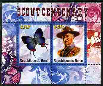 Benin 2007 Scout Centenary & Butterflies #2 perf s/sheet containing 2 values unmounted mint. Note this item is privately produced and is offered purely on its thematic ap..., stamps on butterflies, stamps on scouts