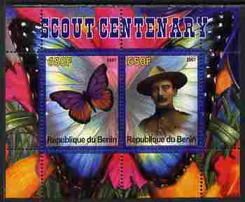 Benin 2007 Scout Centenary & Butterflies #3 perf s/sheet containing 2 values unmounted mint. Note this item is privately produced and is offered purely on its thematic ap..., stamps on butterflies, stamps on scouts