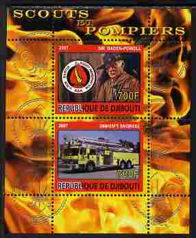 Djibouti 2007 Scouts & Fire Engines #1 perf s/sheet containing 2 values unmounted mint. Note this item is privately produced and is offered purely on its thematic appeal, stamps on fire, stamps on scouts