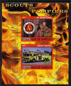 Djibouti 2007 Scouts & Fire Engines #1 imperf s/sheet containing 2 values unmounted mint. Note this item is privately produced and is offered purely on its thematic appeal, stamps on fire, stamps on scouts