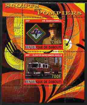 Djibouti 2007 Scouts & Fire Engines #2 perf s/sheet containing 2 values unmounted mint. Note this item is privately produced and is offered purely on its thematic appeal, stamps on , stamps on  stamps on fire, stamps on  stamps on scouts