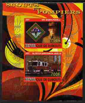 Djibouti 2007 Scouts & Fire Engines #2 imperf s/sheet containing 2 values unmounted mint. Note this item is privately produced and is offered purely on its thematic appeal, stamps on fire, stamps on scouts