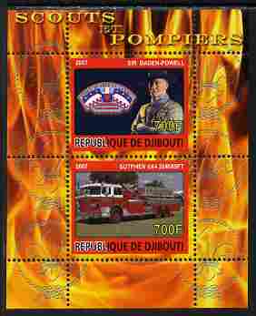 Djibouti 2007 Scouts & Fire Engines #3 perf s/sheet containing 2 values unmounted mint. Note this item is privately produced and is offered purely on its thematic appeal, stamps on fire, stamps on scouts